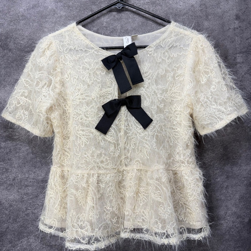Joie Coquette Bow Peplum Knit Top Women's S Cream Black Fuzzy Lace Floral